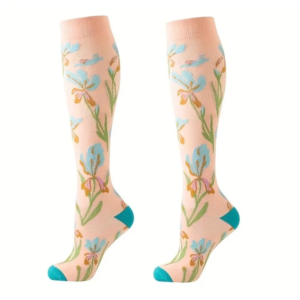 Unisex 15-20 mmHg Compression Socks S/M Knee High Medical Floral 2‎ Pack NEW